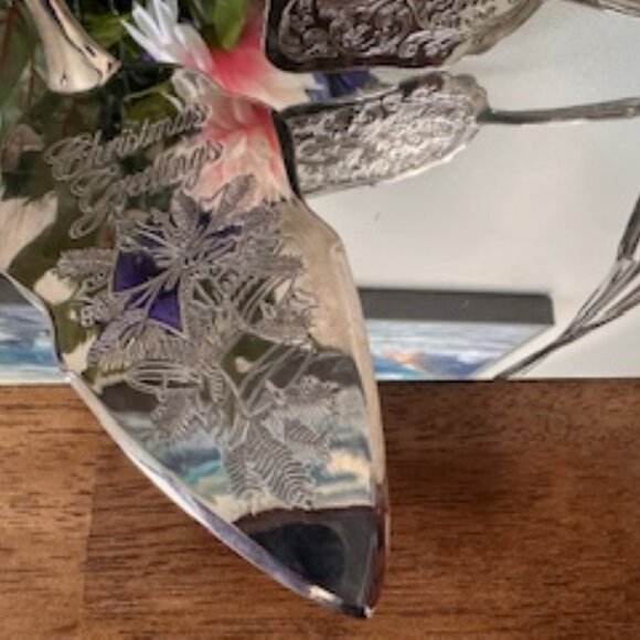 Vintage Silver Tone Cake Server and Ornate Pastry Tongs – Holiday Etched Christm - Picture 2 of 5